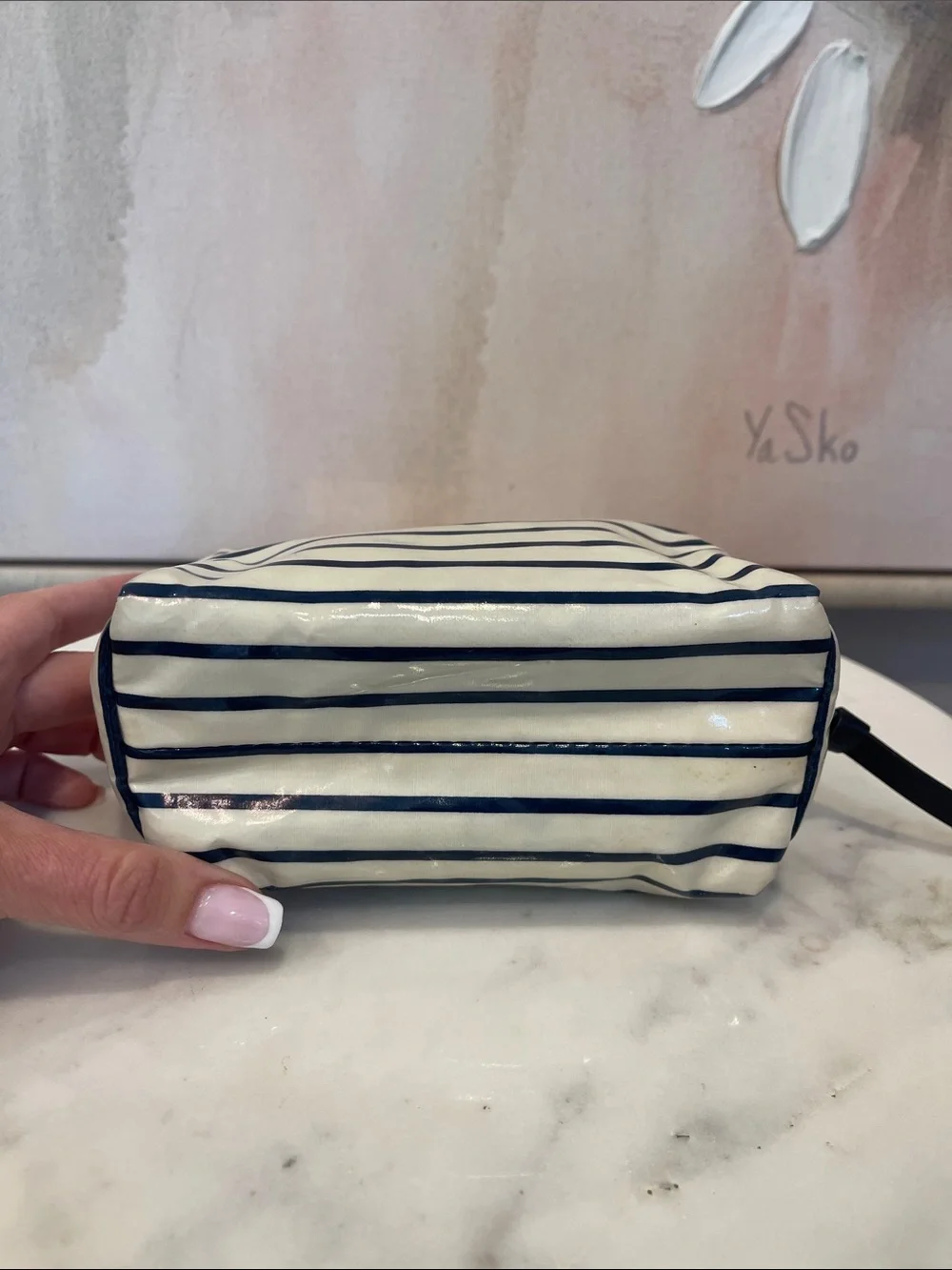 Tory Burch White and Navy Striped Patent Cosmetic Pouch